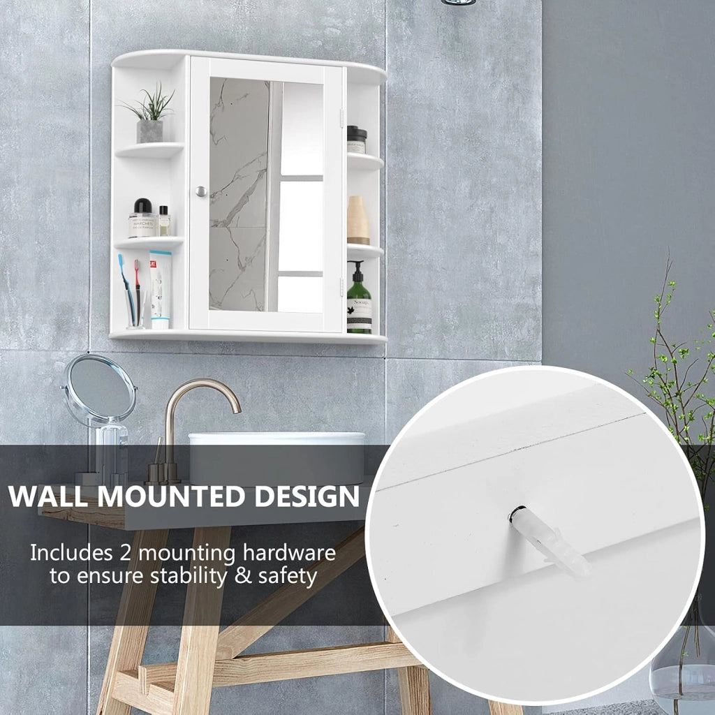 Armadietto Bagno a Parete, Mobiletto Pensile con Ante di Specchio, 6 Scomparti Laterali e 4 Ripiani di Stoccaggio, 3 Colori Disponibili, 66x16,5x63cm (Bianco)