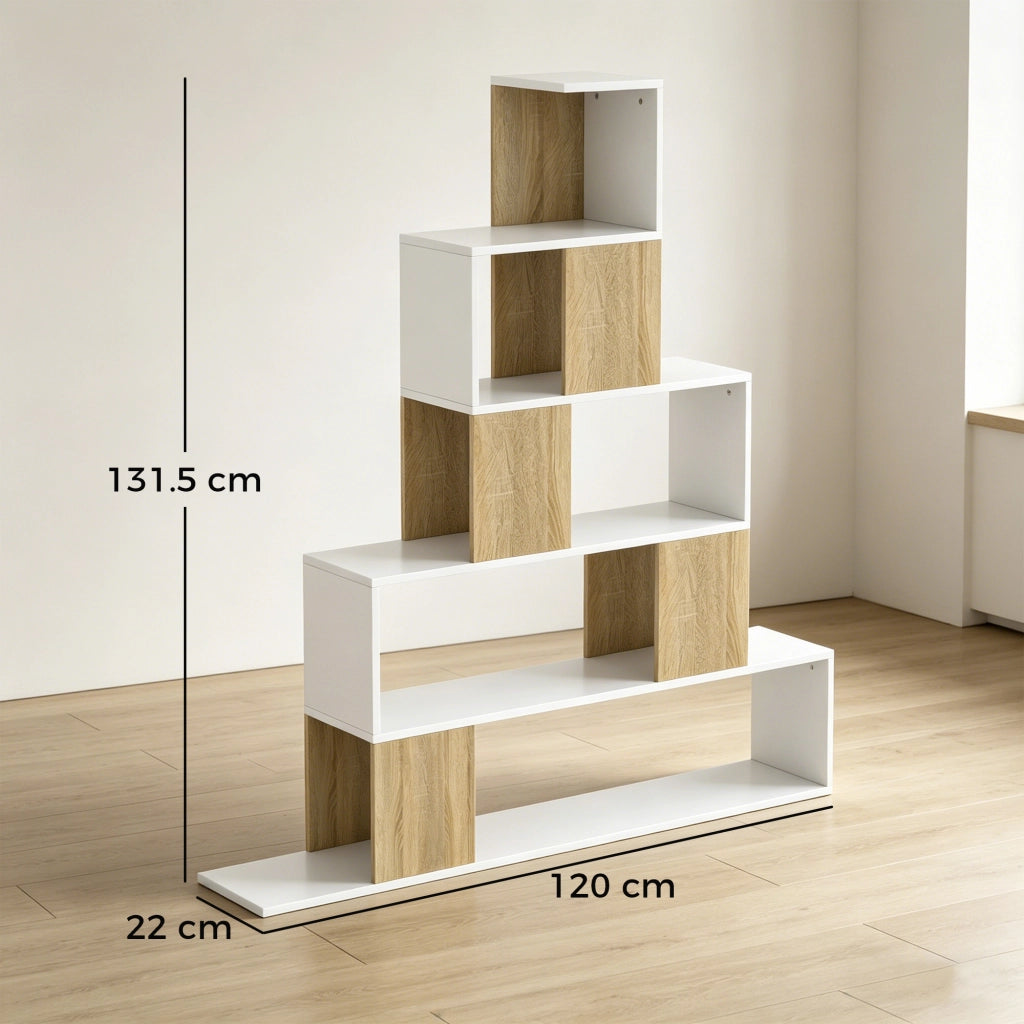 Libreria Moderna a 5 Ripiani con Design a Gradini, 120x22x131.5 cm, Bianco e Legno