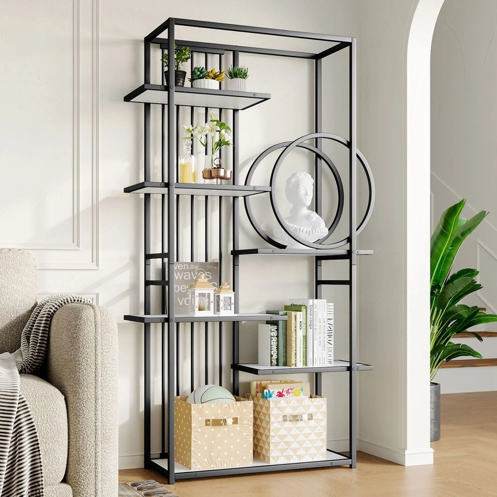 Scaffale metallico moderno - Xylo - 100x30x180 cm - Bianco e nero - Struttura geometrica a pi?? livelli