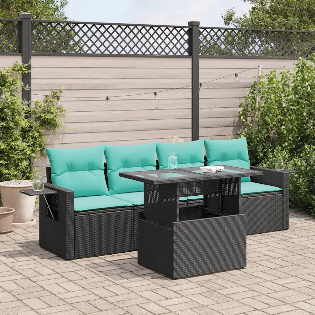 Set Divano da Giardino 5 pz Cuscini Nero Polyrattan e Acacia