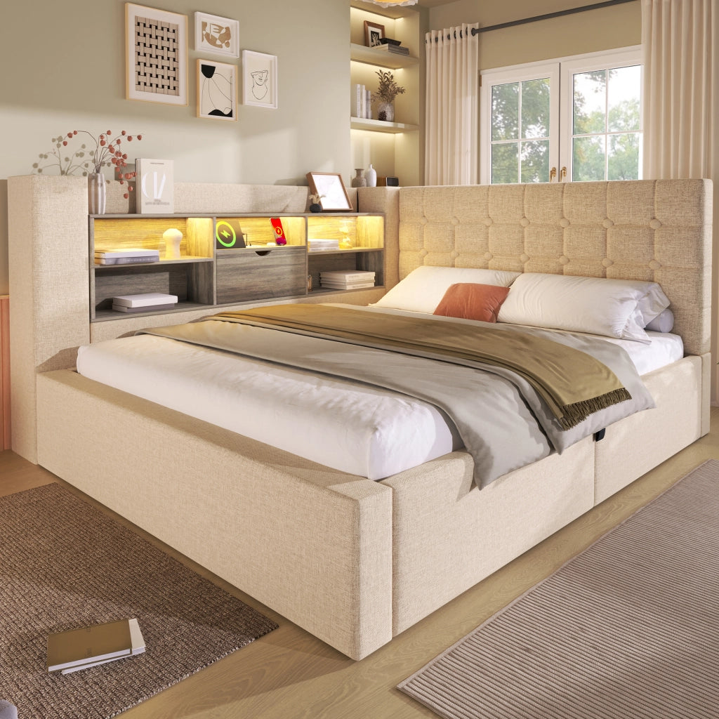 OKWISH Letto Contenitore 140×200 cm, Letto Matrimoniale con LED Regolabile, USB e Type C, Testiera a L Reversibile, senza Materasso, Beige