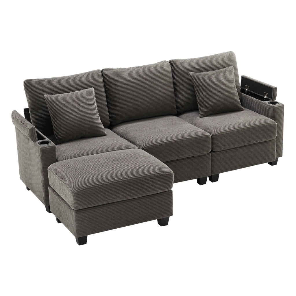 Divano angolare reversibile multifunzione con pouf; porta USB; 2 cuscini; in velluto a coste grigio scuro 213;5 Ã— 139 Ã— 87 cm