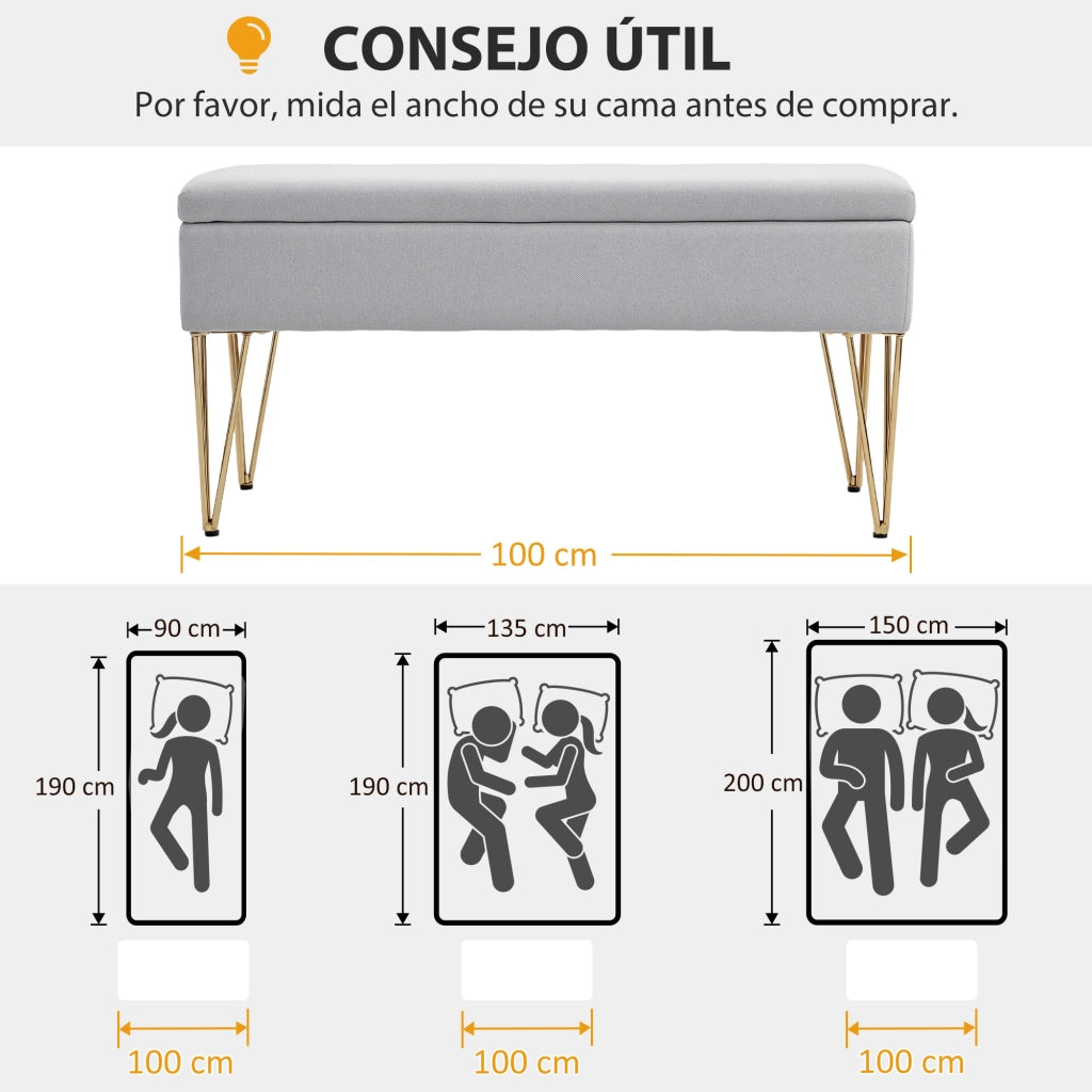 Pouf Piede Letto Imbottito in Tessuto Grigio con Gambe in Acciaio ¨C zephmum ¨C Grigio Chiaro