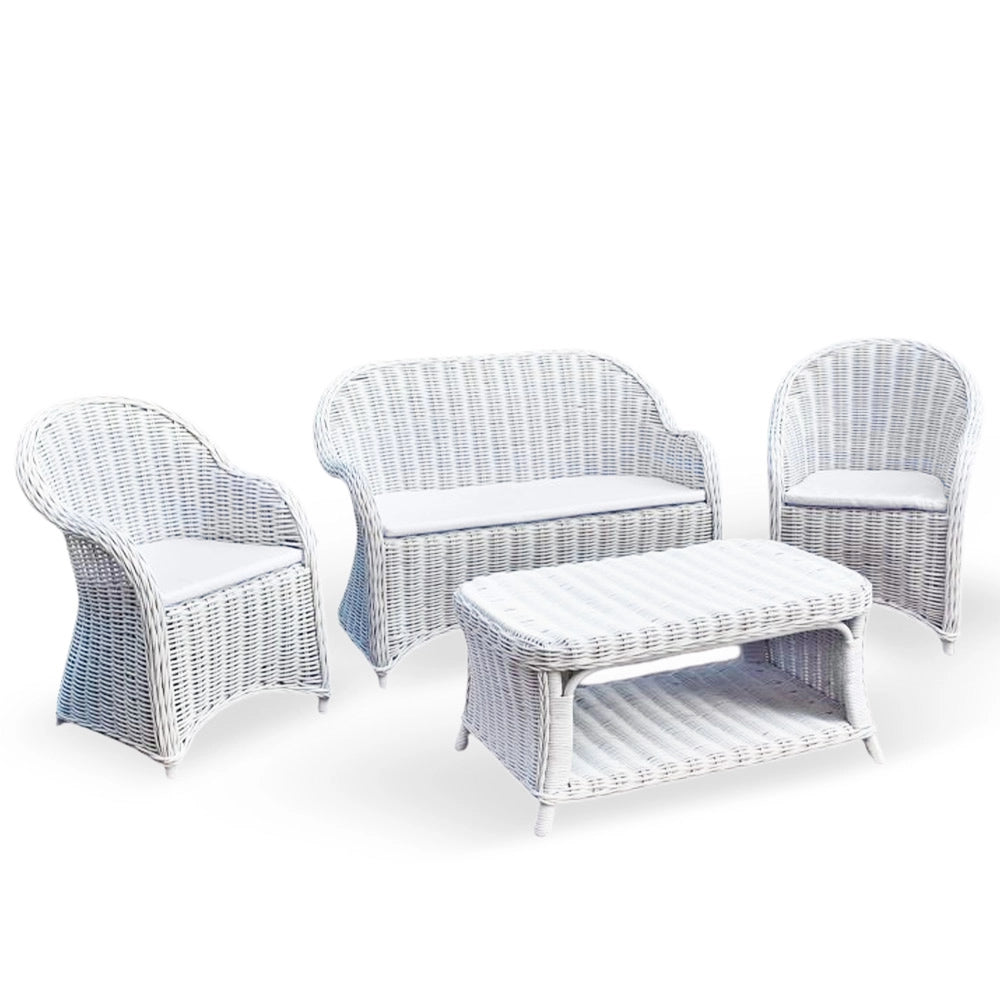Salotto Roma da 1 divanetto 2 poltrone 1 tavolino in rattan intrecciato bianco