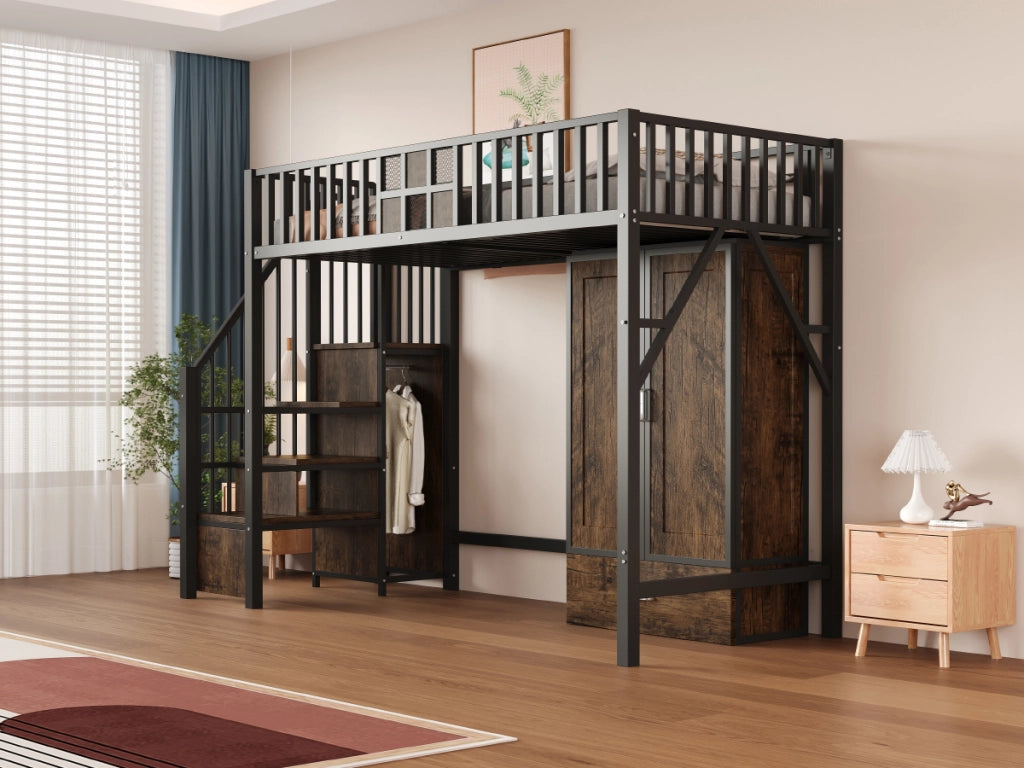 Letto a castello nero in metallo e legno con funzione contenitiva 90x200 cm