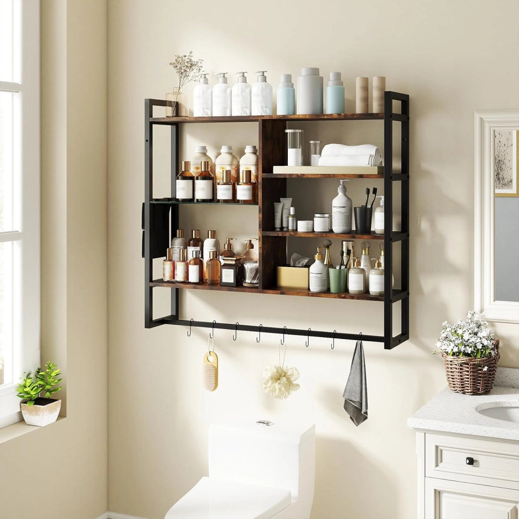Mensola da Parete 107 cm, Scaffale a 6 Livelli con 8 Ganci a S e Tasca Laterale Rimovibile, Espositori per Bar Cucina Salotto Bagno