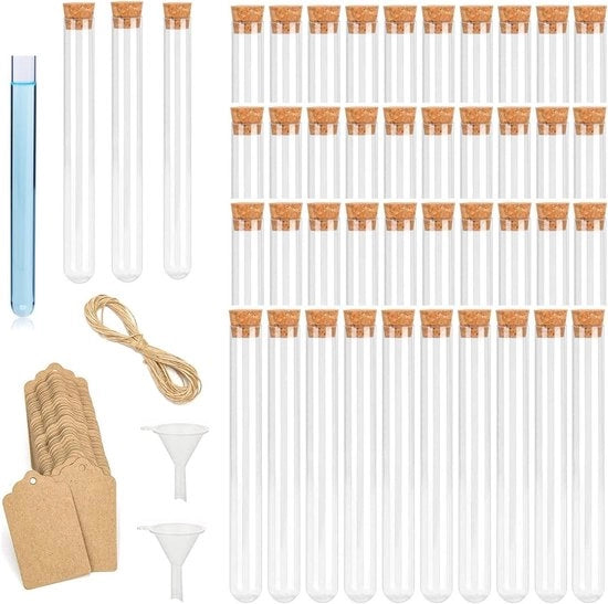 Bottiglie di plastica trasparenti per reazione con tappo di gomma - per fiori - 45 pezzi - 10 m di corda di canapa - 2 contenitori - 40 anelli