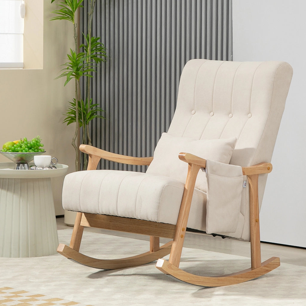 Poltrona a Dondolo con Cuscino Lombo, Ampia Seduta, Telaio in Legno ¨C Zephmum ¨C Beige