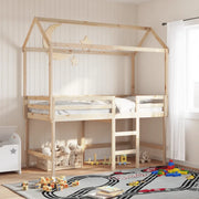 Letto Soppalco con Scala e Tetto 90x190 cm Legno Massello Pino