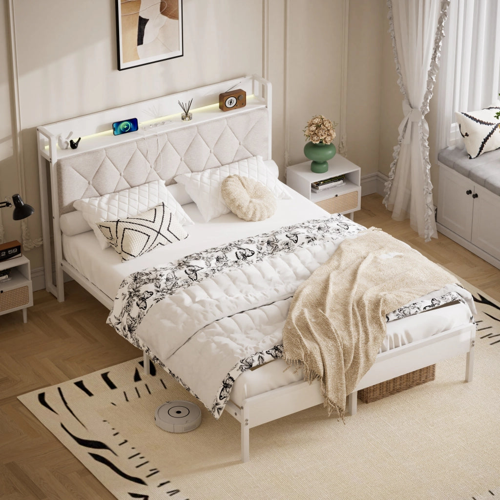 LETTO imbottito 140x190 cm bianco con testiera LED e USB