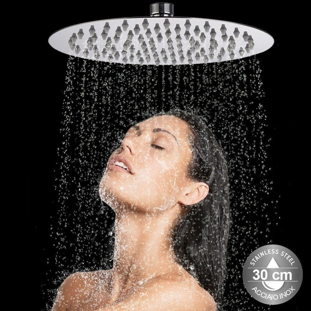 Trade Shop - Soffione Doccia Bagno Cascata Tondo 30 Cm Acciaio Ultra Sottile Effetto Pioggia -
