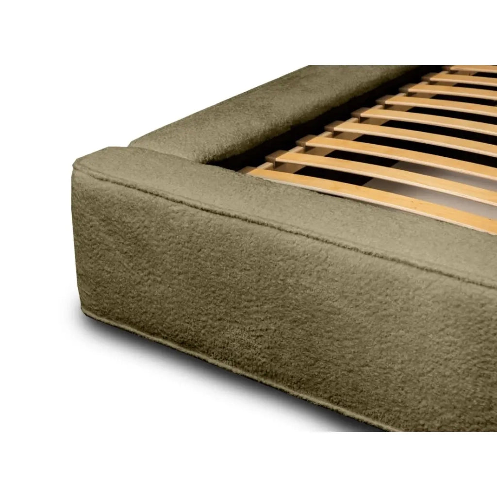 Letto contenitore VELORA – Olive bouclé – 180x200 cm – Tessuto velluto morbido – Rete sollevabile – Contenitore integrato