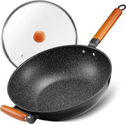 Wok da induzione 33 cm con coperchio - wok antiaderente con maniglia in legno - fondo piatto - adatto a tutti i fornelli - granito