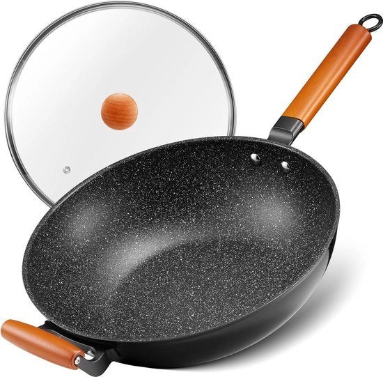 Wok da induzione 33 cm con coperchio - wok antiaderente con maniglia in legno - fondo piatto - adatto a tutti i fornelli - granito