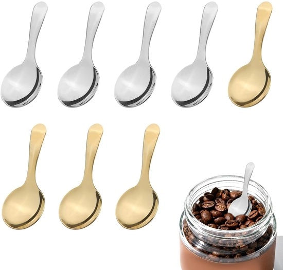 Set di Spiedini in Acciaio Inossidabile 8 Pezzi - Manici Corti - Utensili da Cucina - Specie/Zucchero/Caffè - Lunghezza 10,2 cm - Cucchiaio