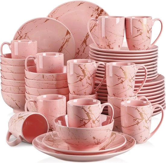 Set di piatti in porcellana - 48 pezzi - Resistenti a lavastoviglie e forno a microonde - Stile e sostenibile - Rosa con effetto giallo oro