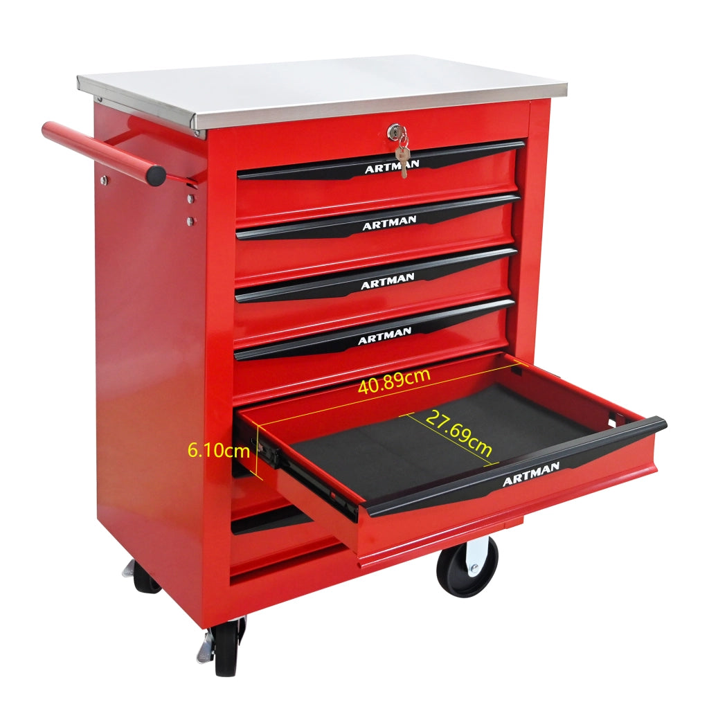 Mobile contenitore portautensili con 7 cassetti e ruote, chiusura a chiave, in acciaio, rosso nero, 62,5 × 34,5 × 78 cm