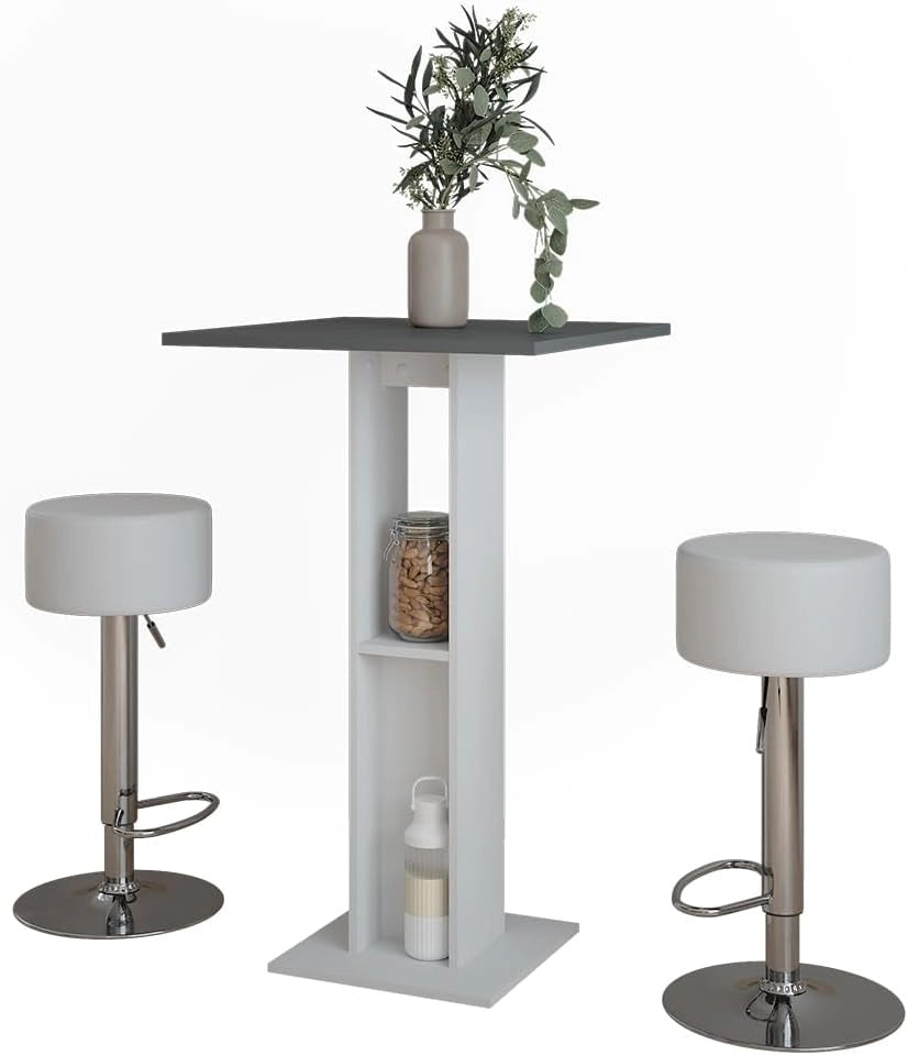 Set di tavoli da bar Repose, Bianco/antracite, 65 x 65 cm con 2 sgabelli da bar, con ripiano laterale per la conservazione di bottiglie e bicchieri