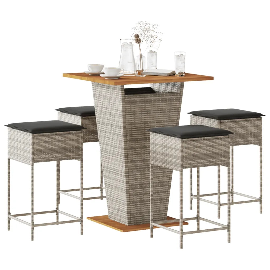 Set Bar da Giardino 5 pz con Cuscini in Polyrattan Grigio