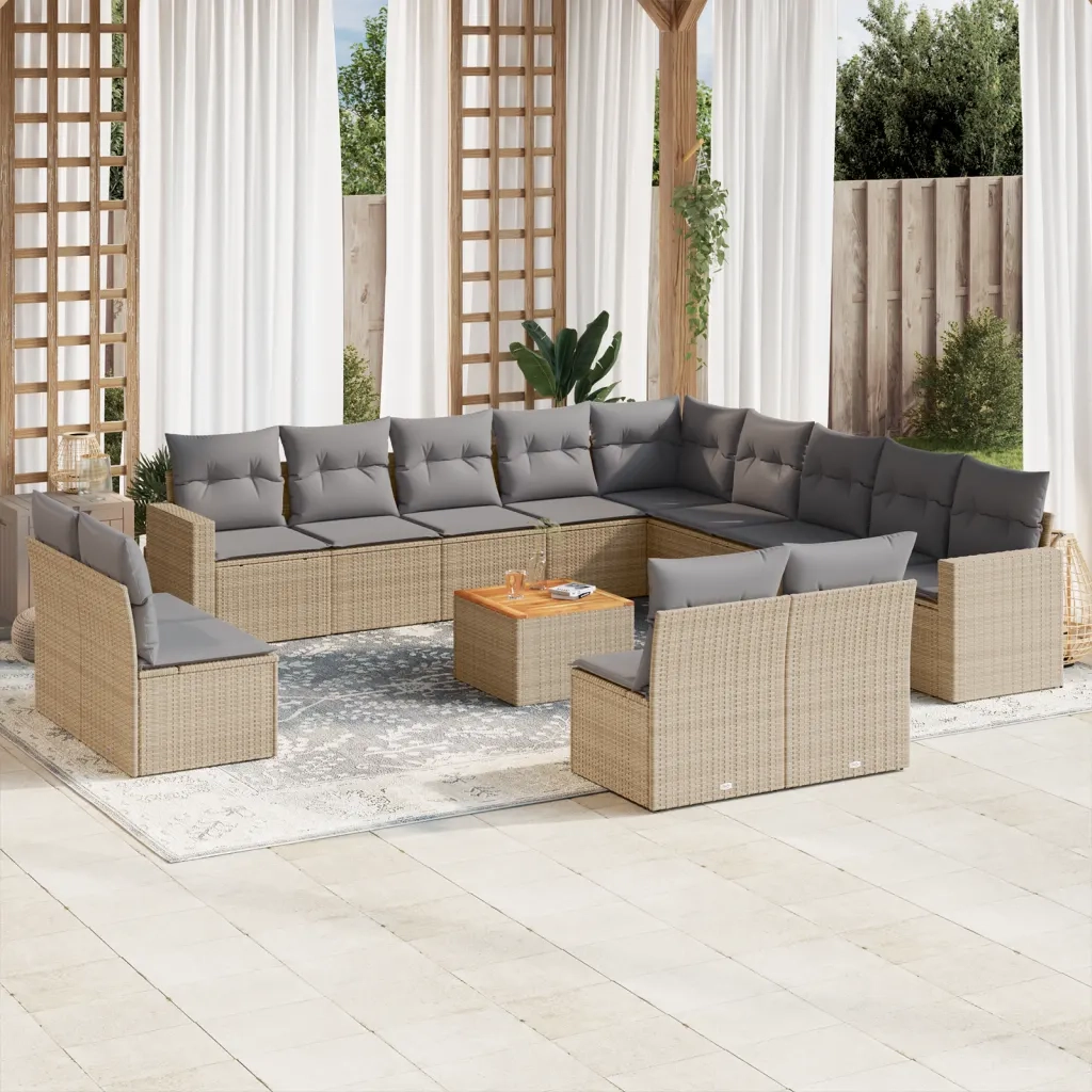 Set Divani da Giardino 14pz con Cuscini in Polyrattan Beige 3224379