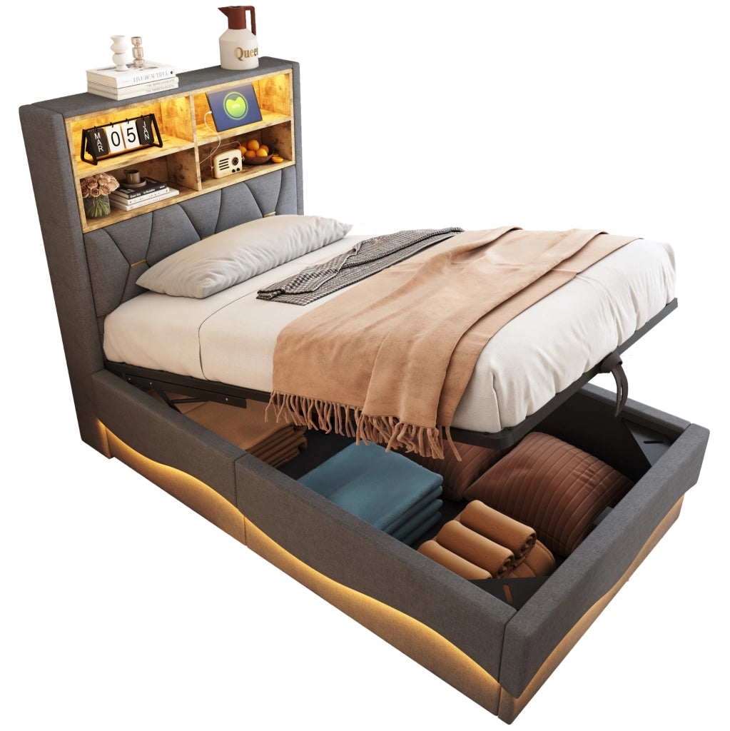 Letto per bambini e ragazzi 90x200 cm con LED; USB e contenitore; grigio in lino