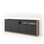 Credenza, Mobile, Cucina, 207x80x37 cm, 4 Porte, Camino elettrico, LED, Nero e rovere