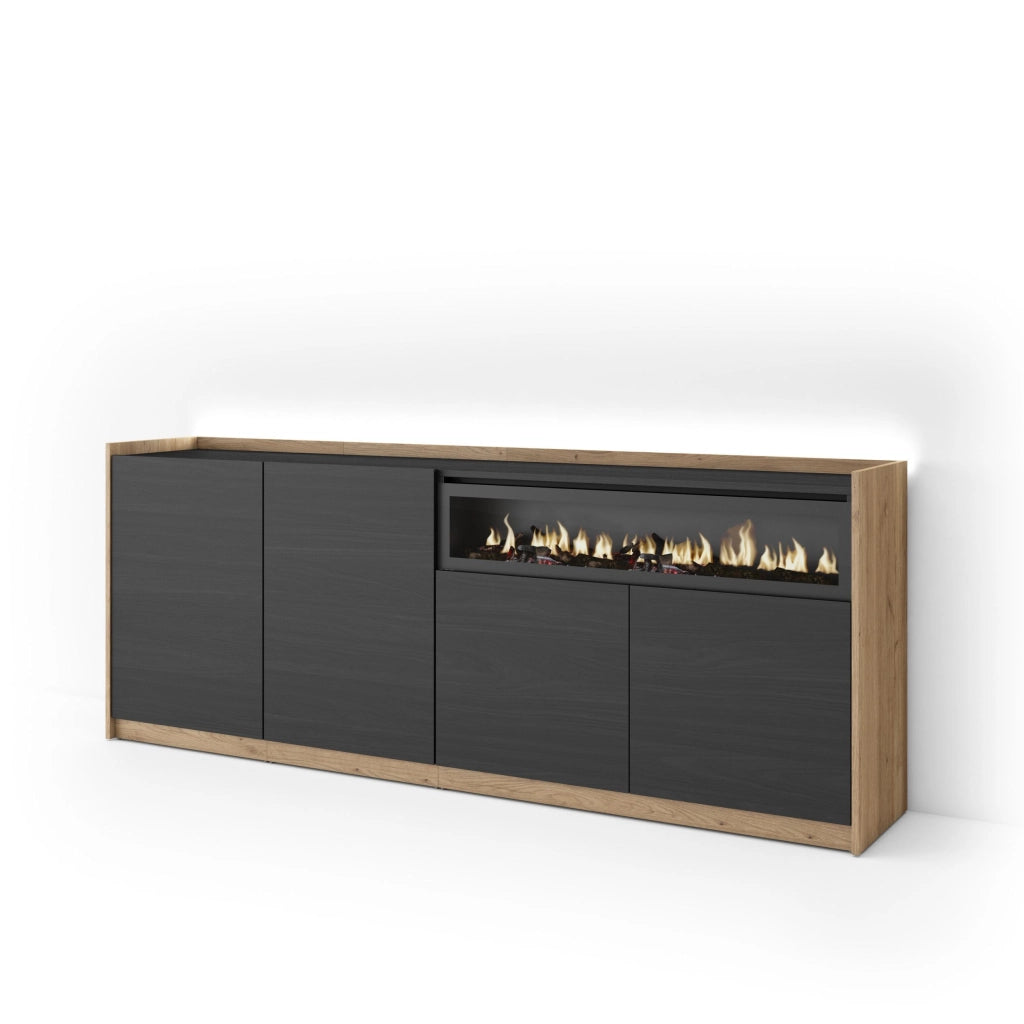 Credenza, Mobile, Cucina, 207x80x37 cm, 4 Porte, Camino elettrico, LED, Nero e rovere