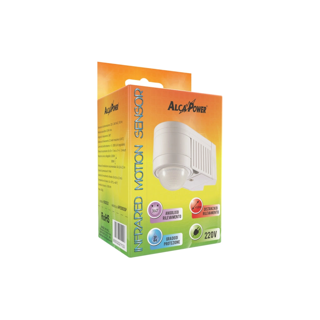 Alcapower Sensore Angolare PIR 360° IP44 per automazione illuminazione domestica e professionale con rilevamento fino a 12 metri e 1200W di carico