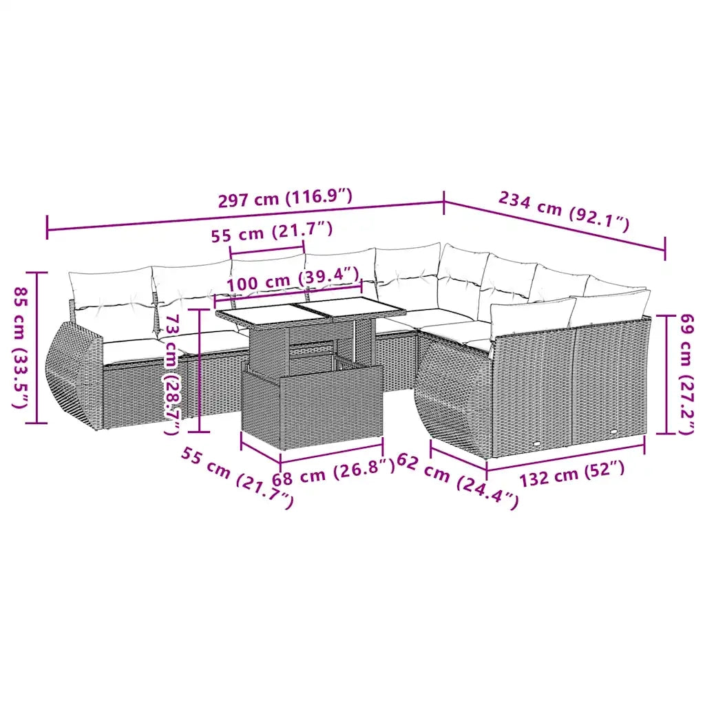 Set Divani da Giardino 10pz con Cuscini in Polyrattan Nero 3268755