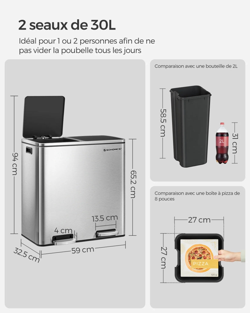 Pattumiera a 2 pedali con doppio scomparto 2 x 30 litri acciaio inox anti-impronta secchio interno in plastica con manico grigio 12_0007156