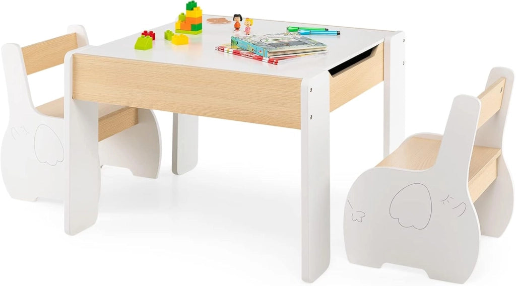 3 in 1 Set Tavolo e Sedie per Bambini, Tavolo da Attività per Bambini con 2 Sedie, Lavagna Rimovibile e Deposito, per Giocare, Disegnare e Leggere, in Legno (bianco)