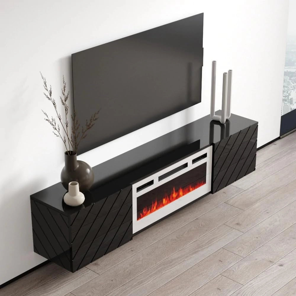 Mobile porta tv Roxy con camino elettrico bianco cm183x35x38h nero lucido