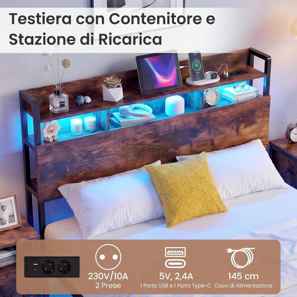 Letto Matrimoniale 140 x 200 cm, Struttura Letto Fluttuante con Luci LED e Stazione di Ricarica, Telaio Industriale in Metallo con Testiera Contenitore, Silenzioso