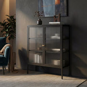 Credenza Vinterhavn in Acciaio Nero con 2 Ante in Vetro Scanalato 100x80x30 cm [en.casa]