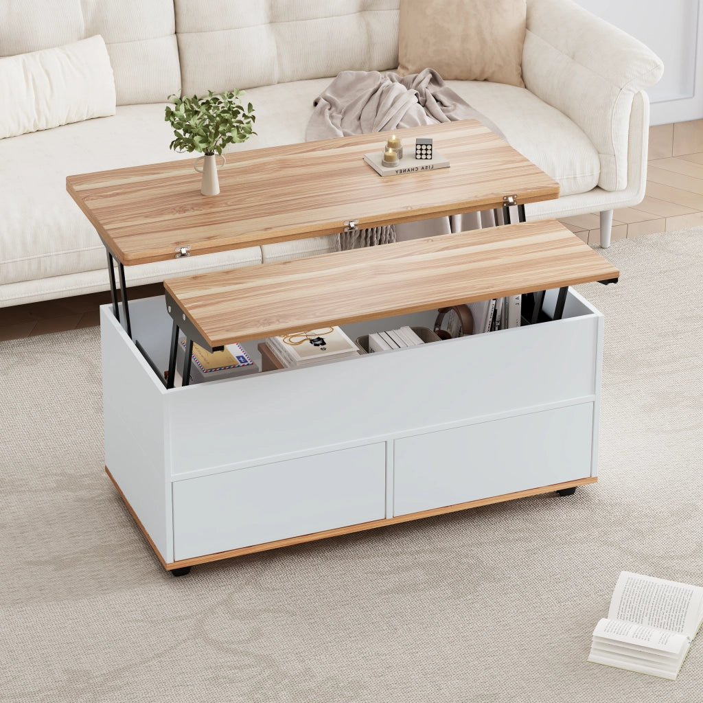 Tavolino da Salotto Sollevabile con 1 Cassetto; 1 Armadietto e 2 Ripiani; con Ruote; Stile Moderno; in Pannello Truciolare; Bianco e Legno; 100×98×65 cm