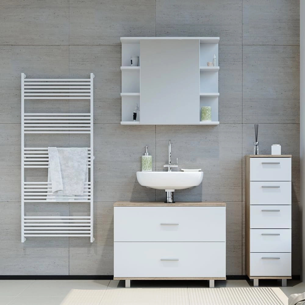 Set mobili bagno Ilias, Bianco/Sonoma, 80 cm, composto da mobile sottolavabo, specchiera e mobile medio