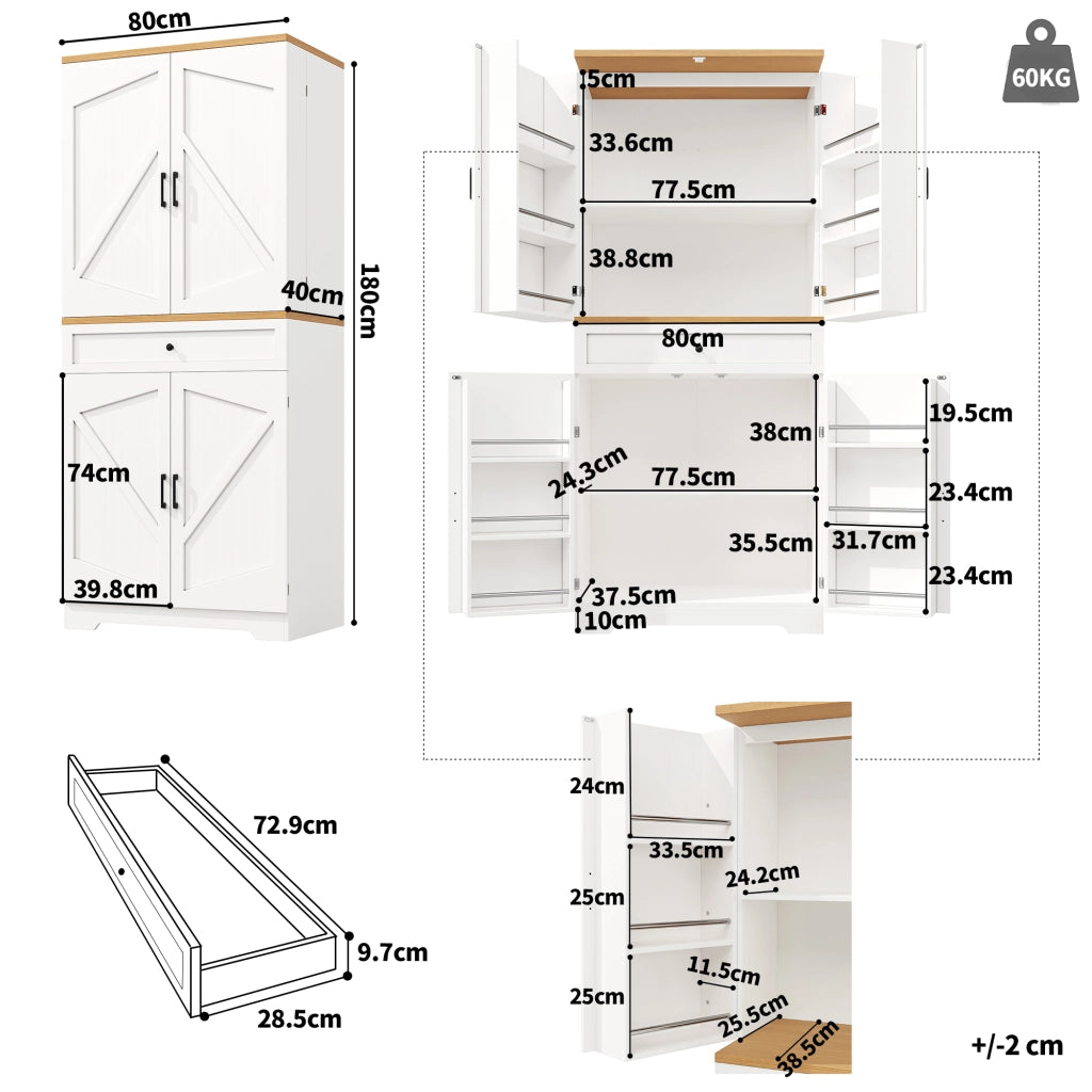 Credenza Alta da Cucina con Ripiani e Cassetti; Mobile Contenitore Multifunzionale per Cucina; in MDF; 80x40x180 cm; Bianco