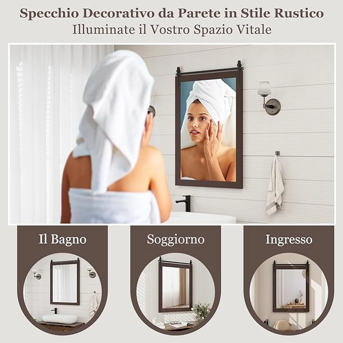 Specchio da Parete 76,5 x 56 cm, Specchio Rettangolare con Cornice in Legno e Staffa in Metallo, Specchio da Bagno Corridoio Soggiorno, Bianco (Noce)