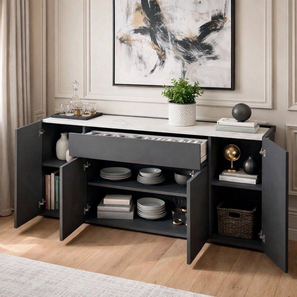 Credenza Moderna Con 4 Ante E 1 Cassetto Contenitore Senza Maniglie Per Sala Da Pranzo Zona Living E Soggiorno 170 X 85 X 40 Cm Grigio Scuro E Bianco Effetto Marmo