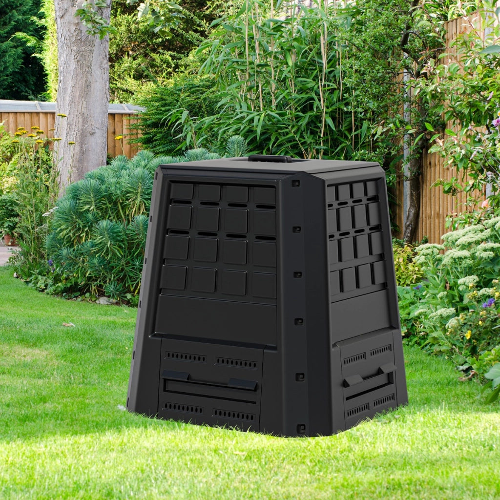 Compostiera da giardino per compost da esterno con coperchio, Compostiera da giardino da 380l Nero