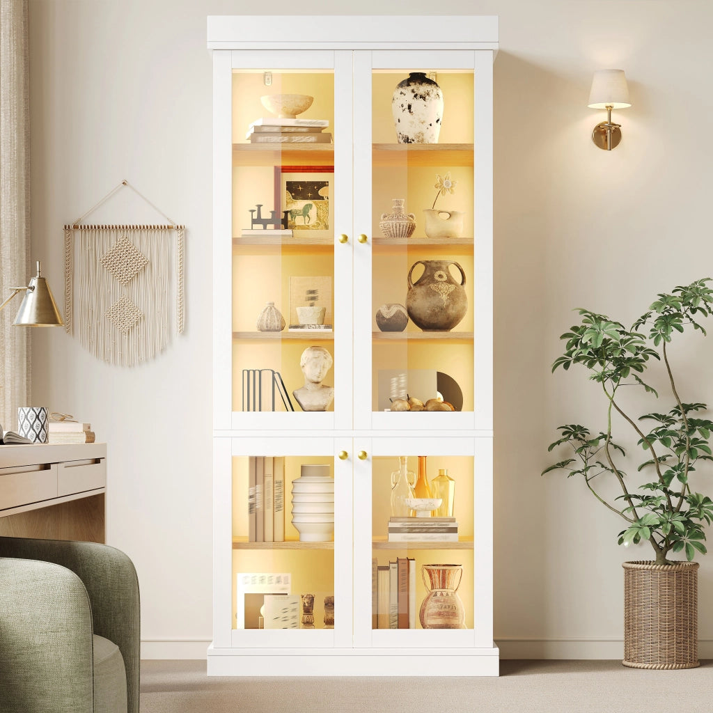 Vetrina, libreria, luci a LED, ante in vetro, dispositivo antiribaltamento, bianco