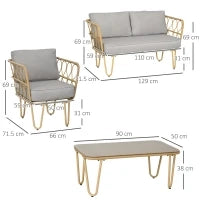 Salotto da Giardino in Rattan Stile Boho con Divano 2 Posti, 2 Poltrone e Tavolino con Vetro