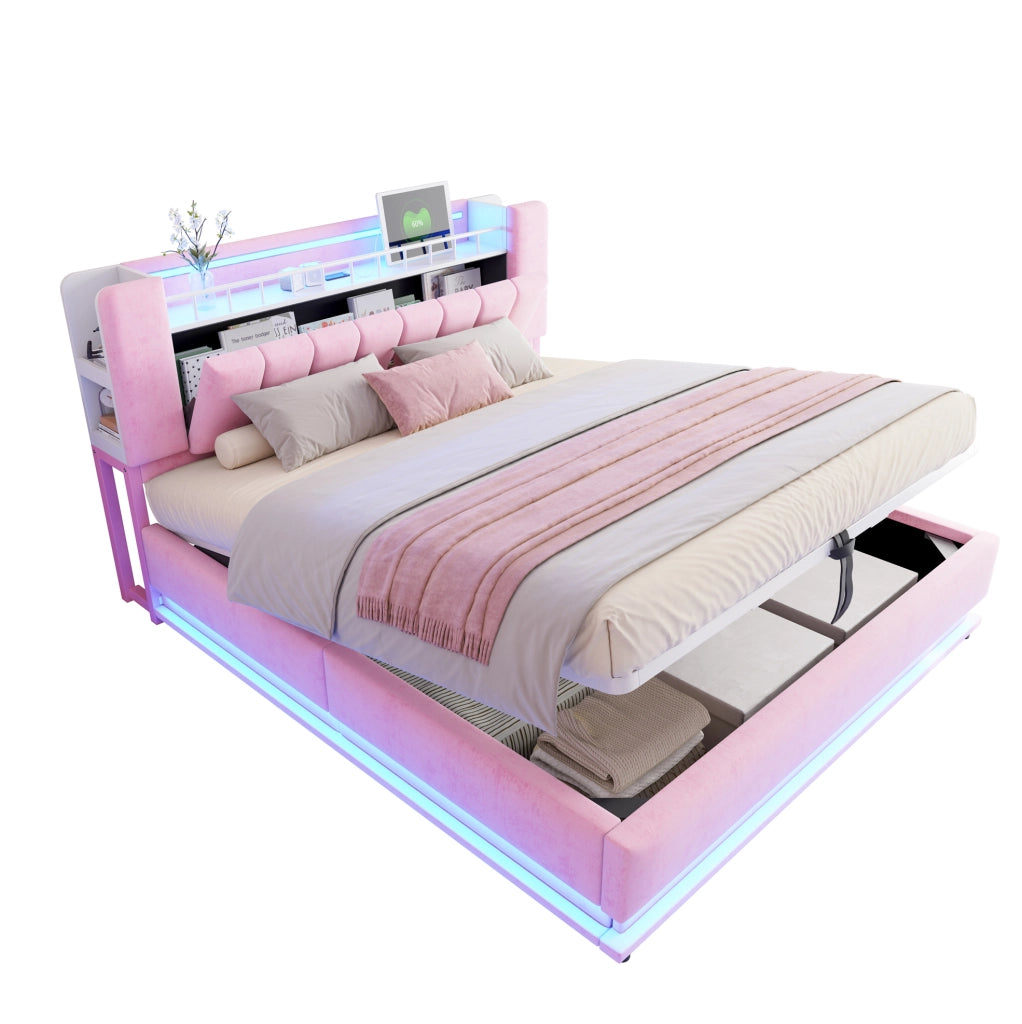 Letto imbottito 180x200 cm con LED; USB e contenitore idraulico in velluto rosa