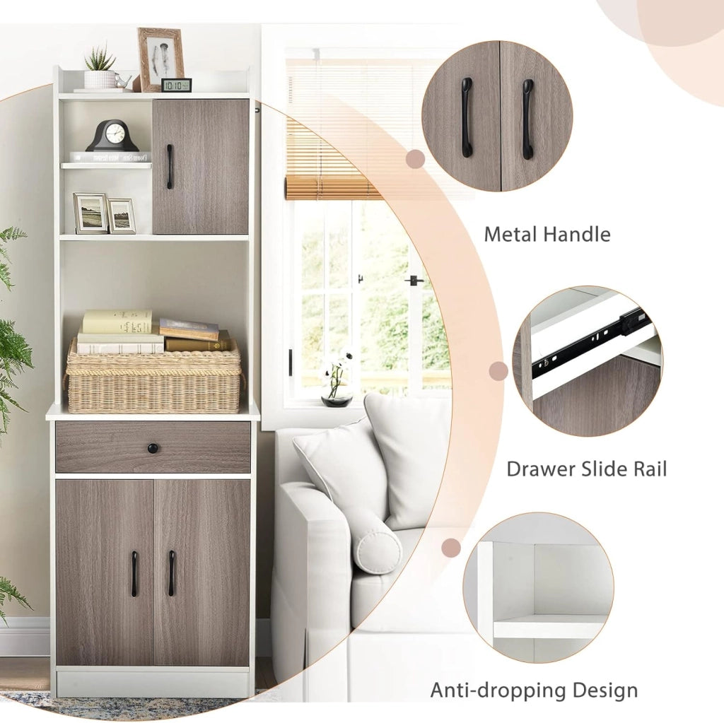 Armadio da Cucina Alto 180 cm, Credenza Alta da Cucina Multiuso, Mobile Buffet con Cassetto e Ripiani Regolabili, Mobiletto Cucina Salvaspazio Credenza, 60x40x180 cm, 2 Colori (Bianco)
