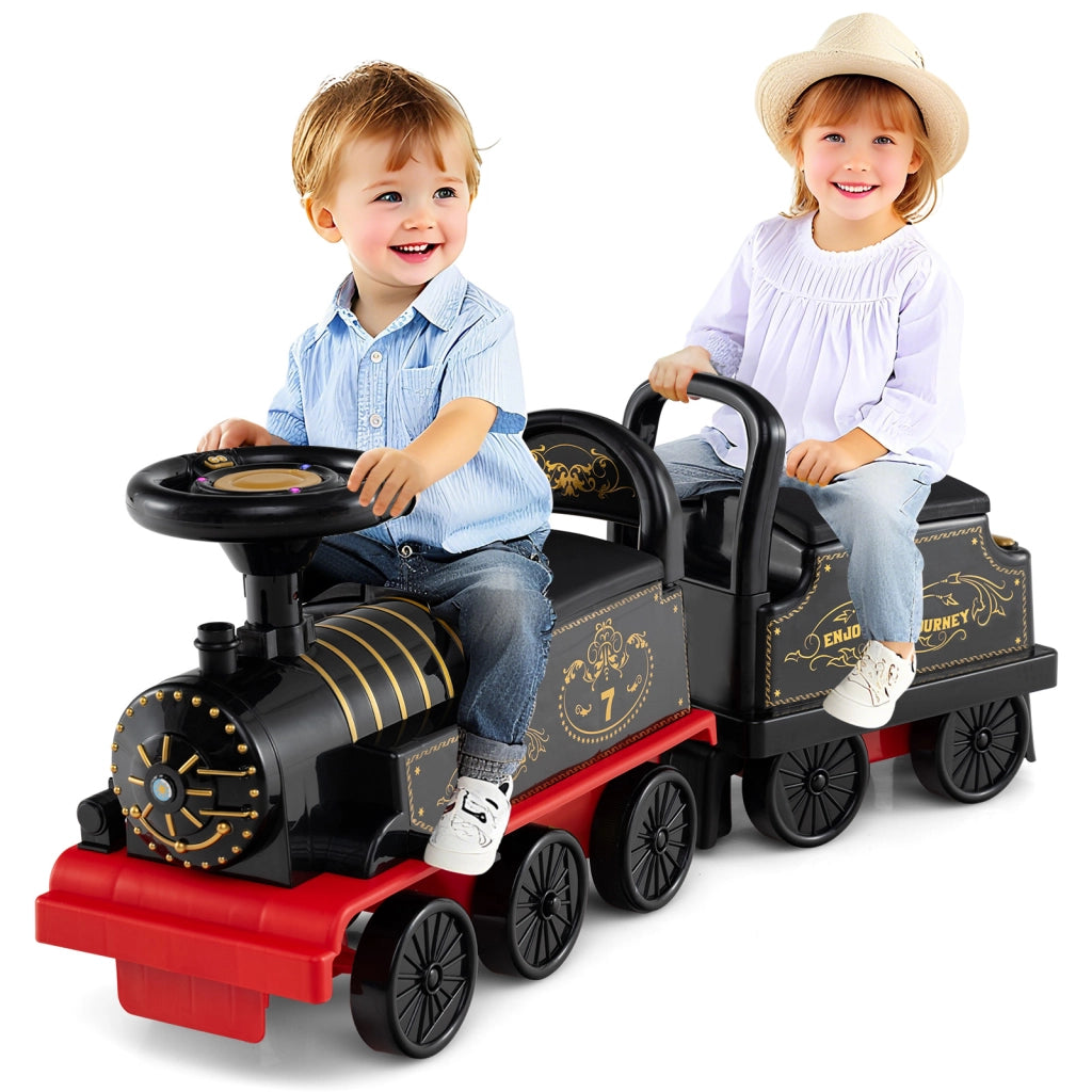 Trenino elettrico 6v vagone batteria contenitore sedile poggiapiedi estraibili-Trenino fischietto musica luci led bambini 18+ mesi