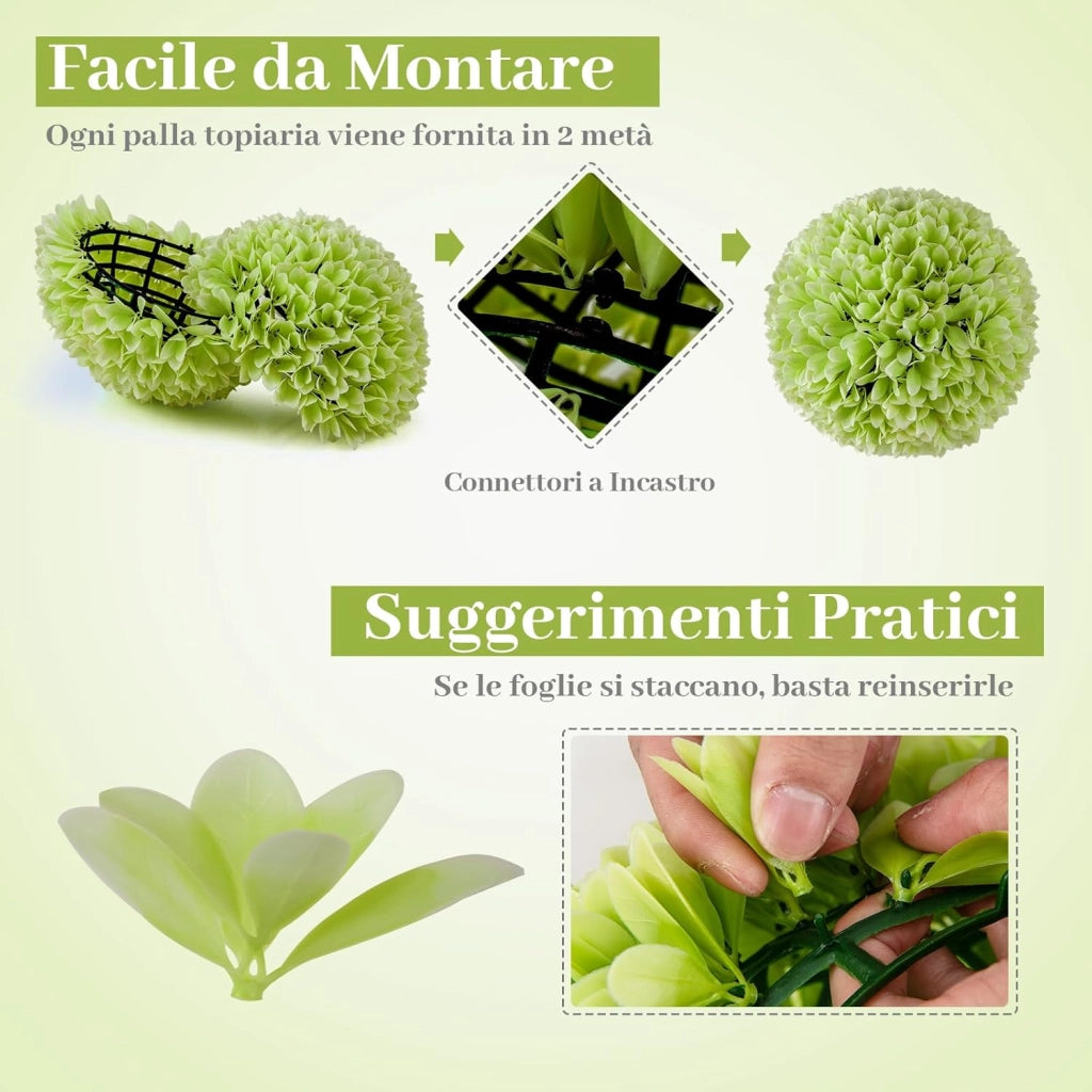 Set di 2 Piante Finte Sfera di Bosso 28 cm per Vaso, Palla di Topiarie Sintetica in PE da Giardino, Piante Artificiali Decorative Arredamento da Interno ed Esterno (Verde)