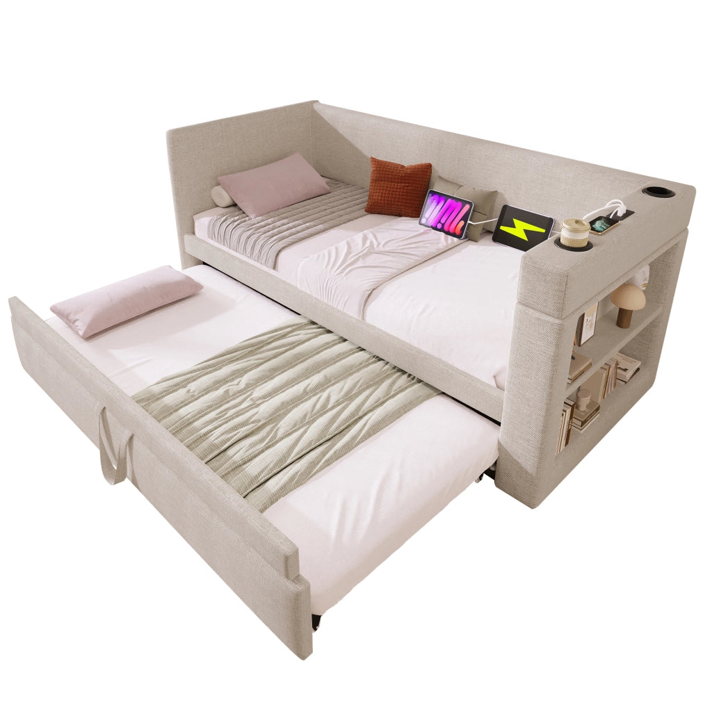 Divano letto estraibile beige 90 x 190 cm con ricarica e portabevande