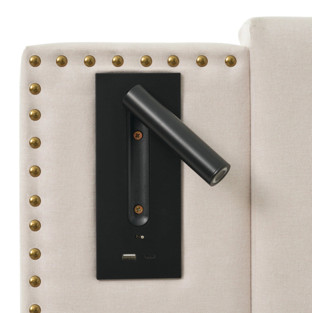 Letto matrimoniale contenitore 180x200 cm in cotone beige con testiera regolabile; luce lettura e porte USB