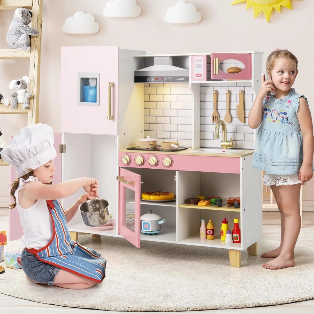 Cucina Giocattolo con Cappa e Fornelli a Suoni e Luci, Cucina per Bambini in Legno con Fabbricatore di Ghiaccio, Microonde, Griglia BBQ e Lavagna, Set Cucina con Accessori, per Bambini 3+ Anni