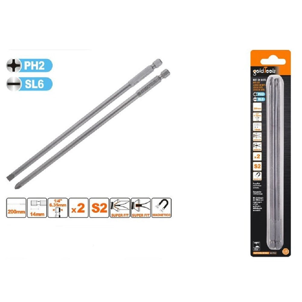 Trade Shop - Kit 2 Bits 200mm Gambo 1/4" 6.35mm Punta S2 Magnetica Croce Ph2 Taglio Sl6 57252 -